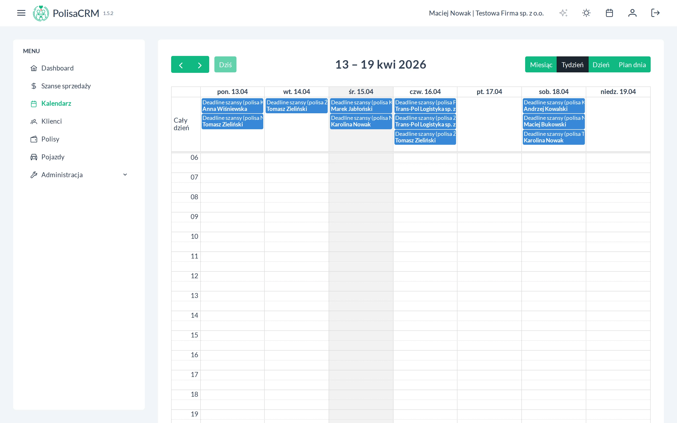 Kalendarz z deadlinami szans sprzedażowych w widoku tygodniowym