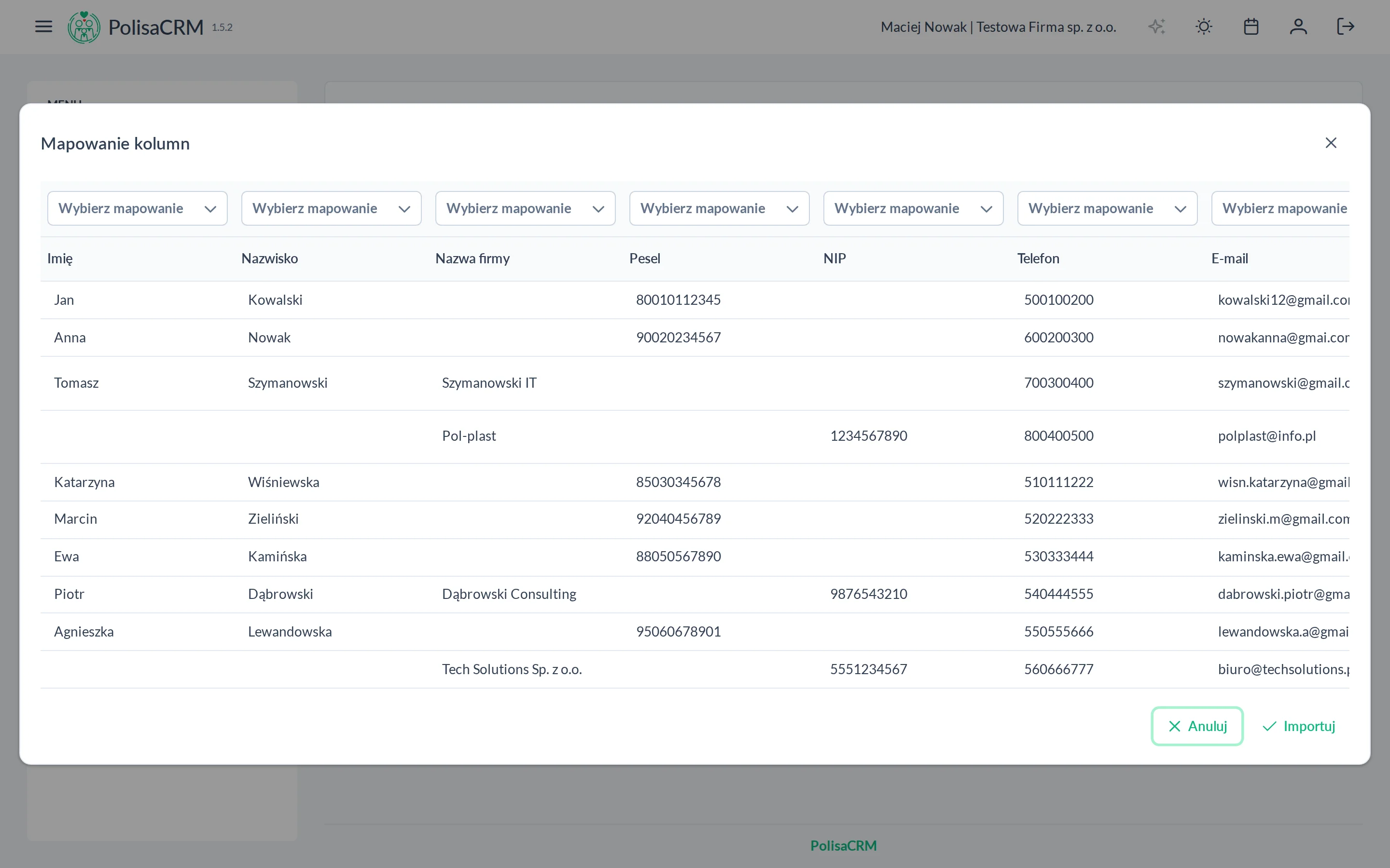 Ekran importu danych z pliku Excel z przyciskiem wyboru pliku